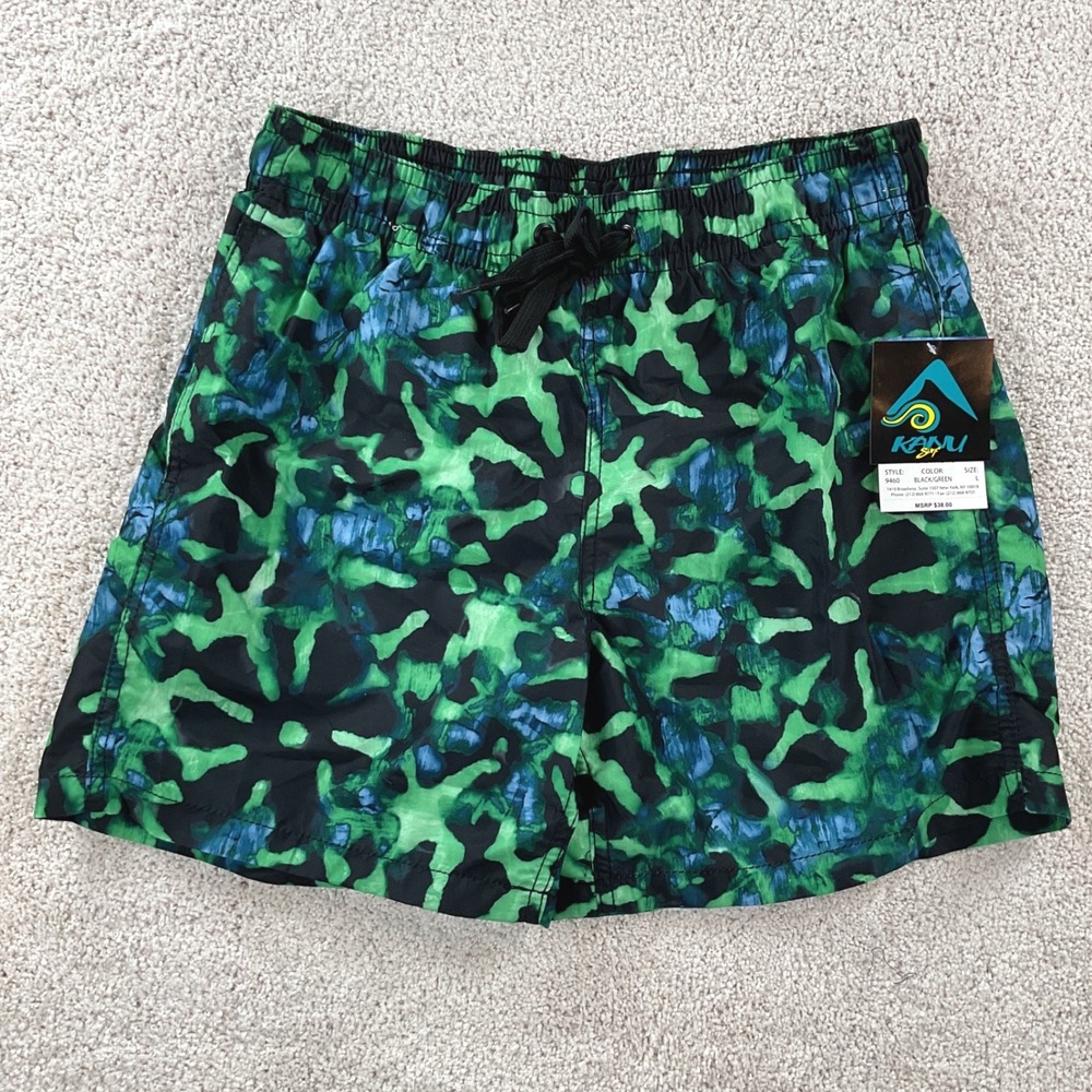 Kanu Surf Mens Hydro Swim Trunks Green Black Abstract Camo Mesh Lined Large NEW